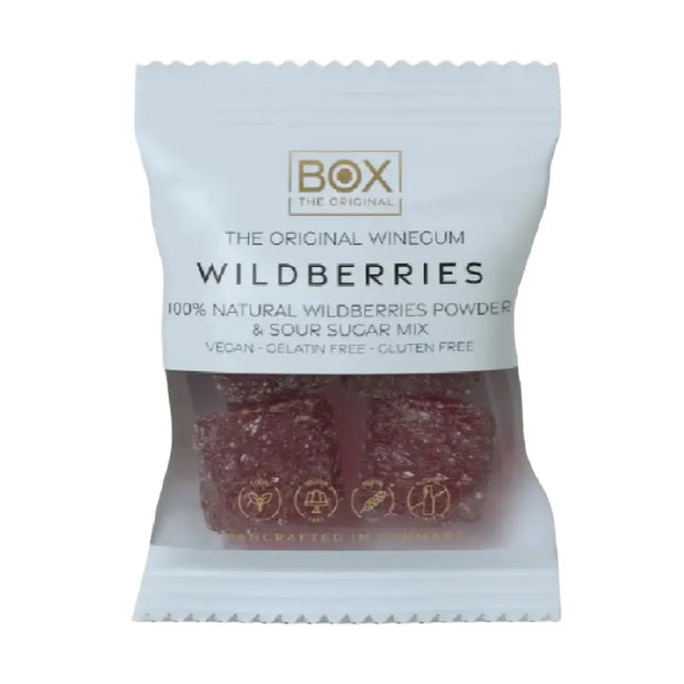 Box The Original Just The Winegum Wild Berries 10 g med vegansk og gelatinefri skovbær-vingummi, sur sukkermix og frysetørret bærpulver