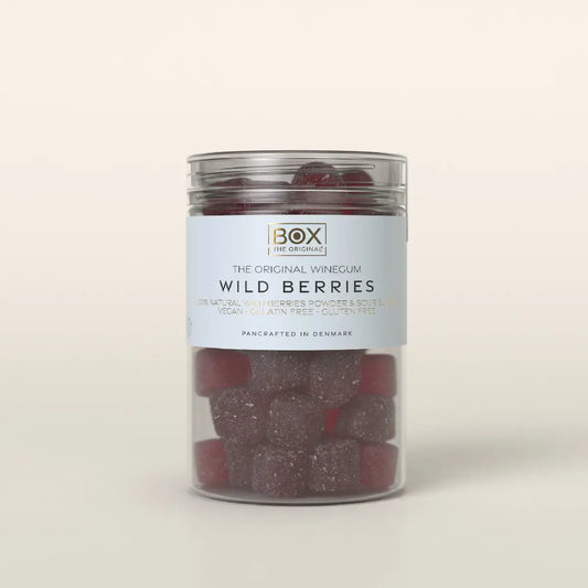 Box The Original Just The Winegum Wild Berries Tube 170 g med vegansk og gelatinefri skovbær-vingummi, sur sukkermix og bærpulver