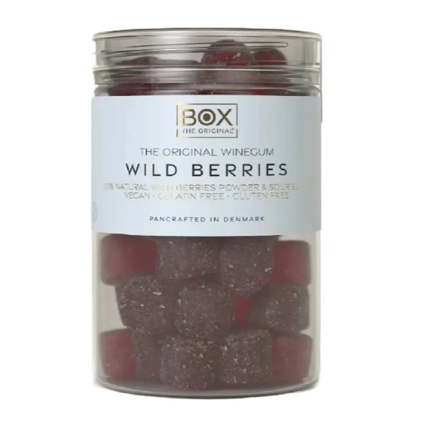 Box The Original Just The Winegum Wild Berries Tube 170 g med vegansk og gelatinefri skovbær-vingummi, sur sukkermix og bærpulver