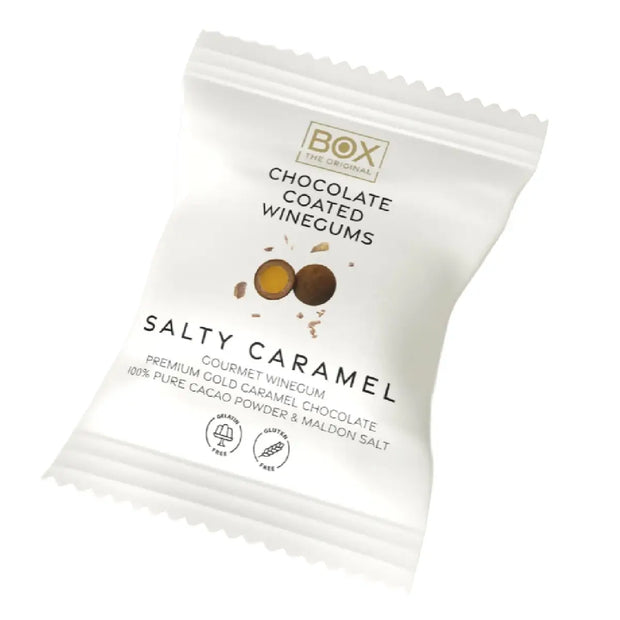 Box The Original Salty Caramel 13 g med gelatinefri mango-vingummi, hvid karamelchokolade, kakaopulver og Maldon sea salt