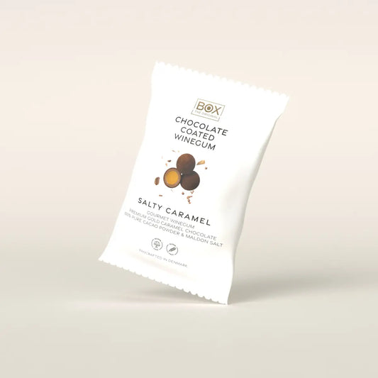 Box The Original Salty Caramel 70 g med gelatinefri mango-vingummi, hvid karamelchokolade, kakaopulver og Maldon sea salt