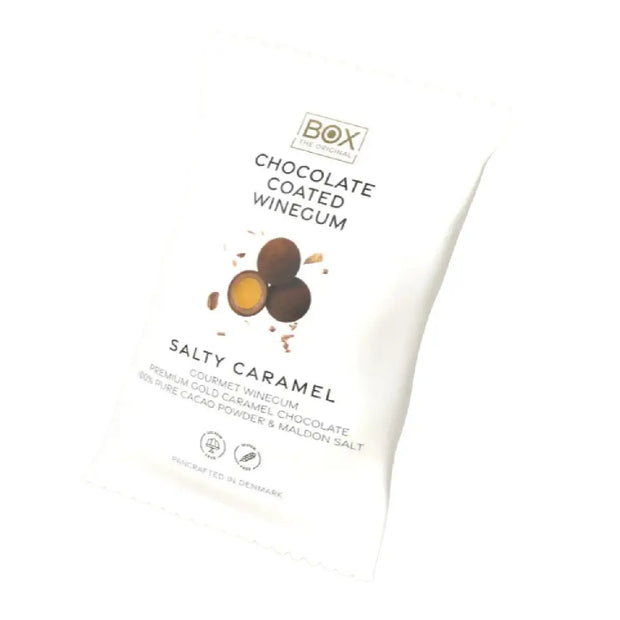 Box The Original Salty Caramel 70 g med gelatinefri mango-vingummi, hvid karamelchokolade, kakaopulver og Maldon sea salt