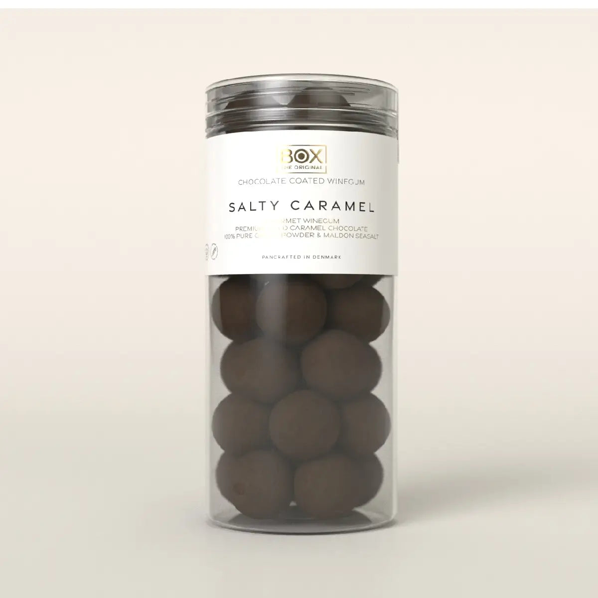 Box The Original Salty Caramel Tube Large 250 g med gelatinefri mango-vingummi, hvid karamelchokolade, kakaopulver og Maldon sea salt