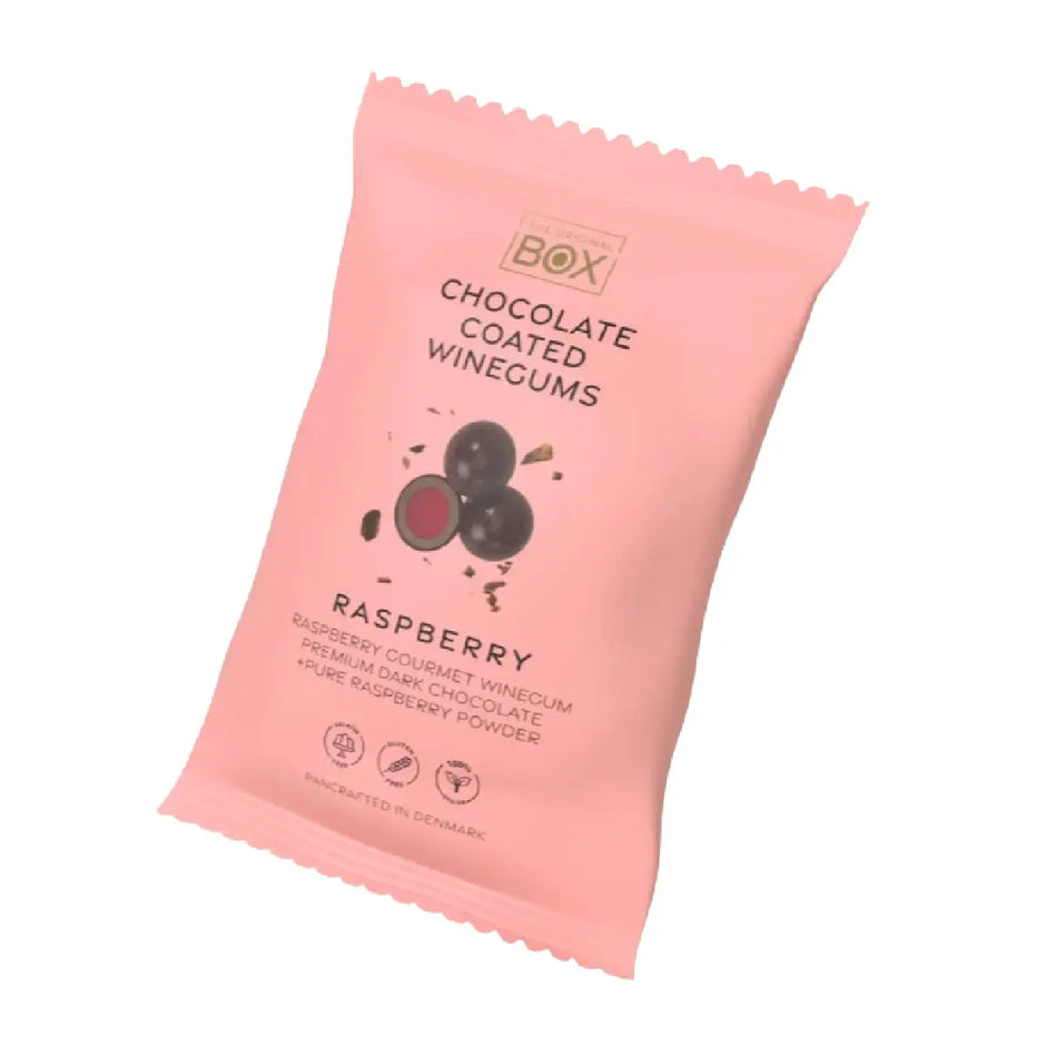Box The Original Snack Pack Dark Raspberry 70 g – gelatinefri hindbærvingummi i mørk chokolade med hindbærpulver