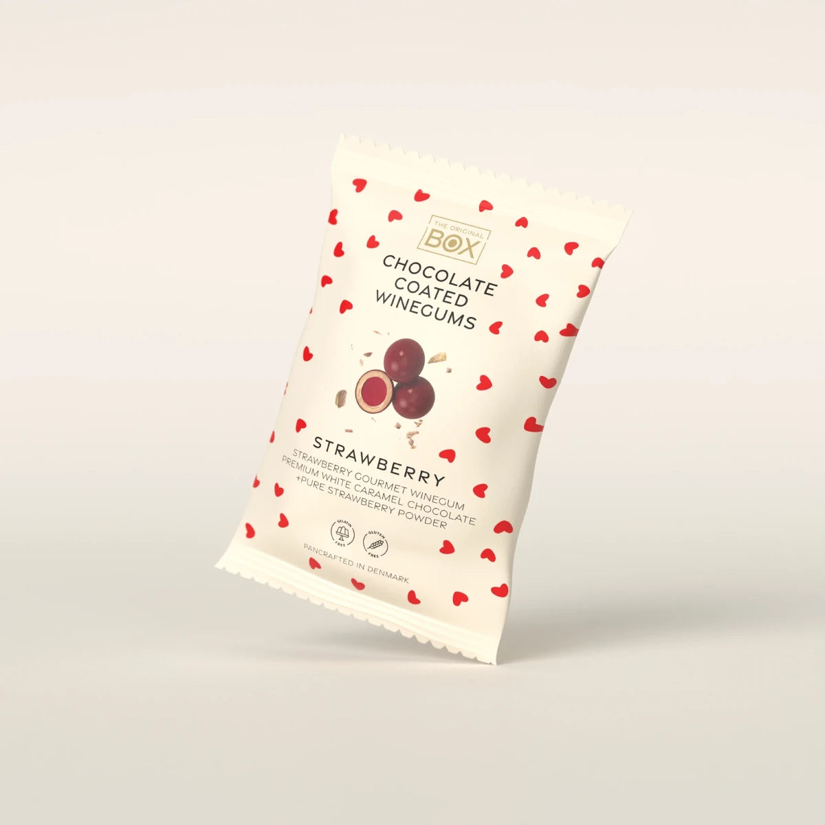 Box The Original Snack Pack Love Edition Strawberry 70 g – gelatinefri jordbærvingummi i hvid karamelchokolade med jordbærpulver