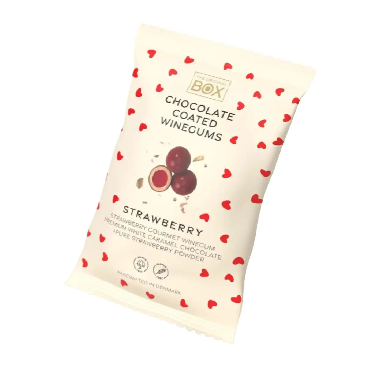 Box The Original Snack Pack Love Edition Strawberry 70 g – gelatinefri jordbærvingummi i hvid karamelchokolade med jordbærpulver