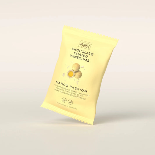 Box The Original Snack Pack Mango Passion 70 g – gelatinefri vingummi i premium hvid chokolade med mango- og passionspulver