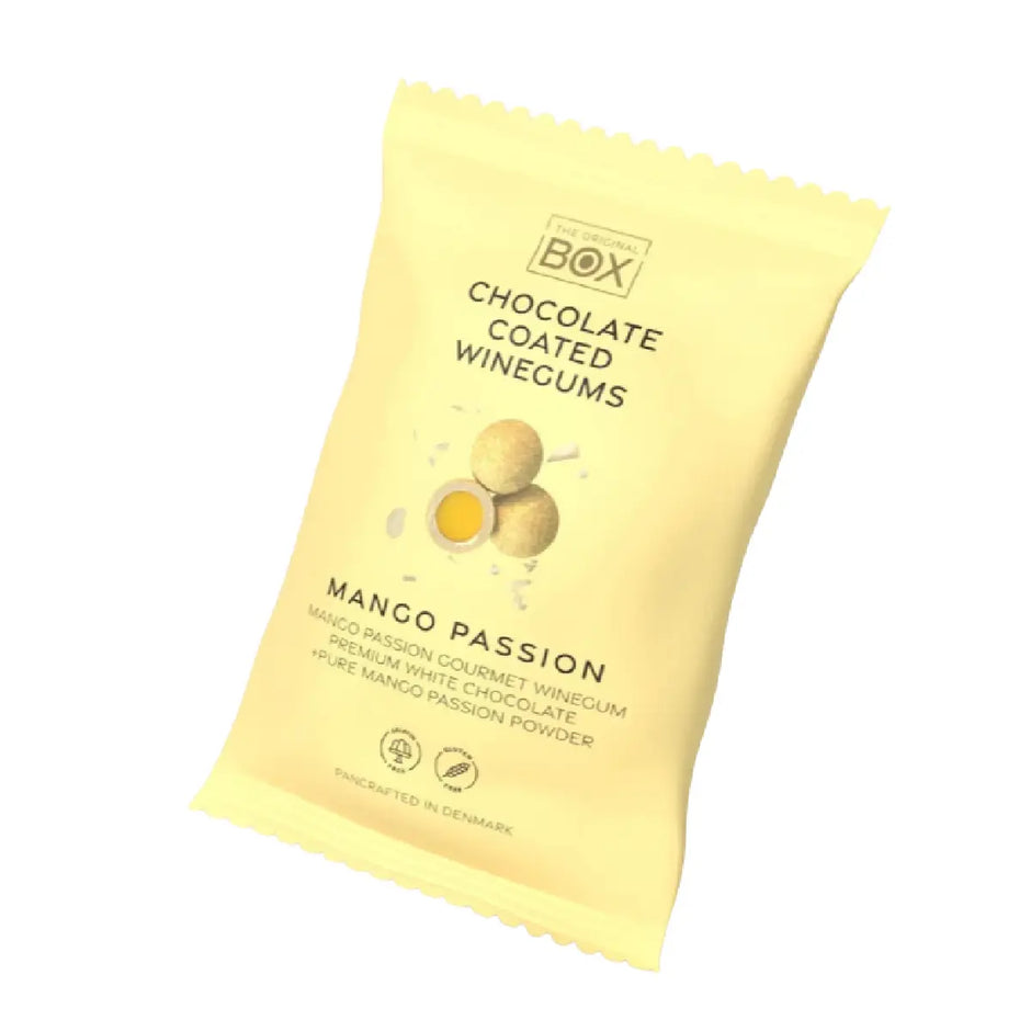 Box The Original Snack Pack Mango Passion 70 g – gelatinefri vingummi i premium hvid chokolade med mango- og passionspulver