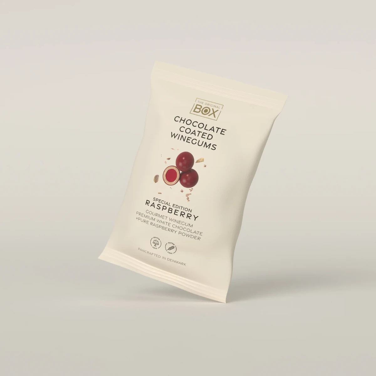 Box The Original Snack Pack Raspberry 70 g – gelatinefri hindbærvingummi i premium hvid chokolade med hindbærpulver