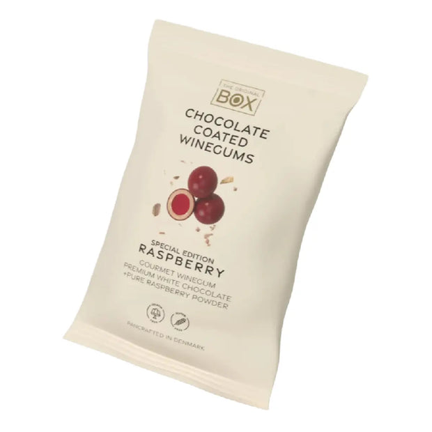 Box The Original Snack Pack Raspberry 70 g – gelatinefri hindbærvingummi i premium hvid chokolade med hindbærpulver