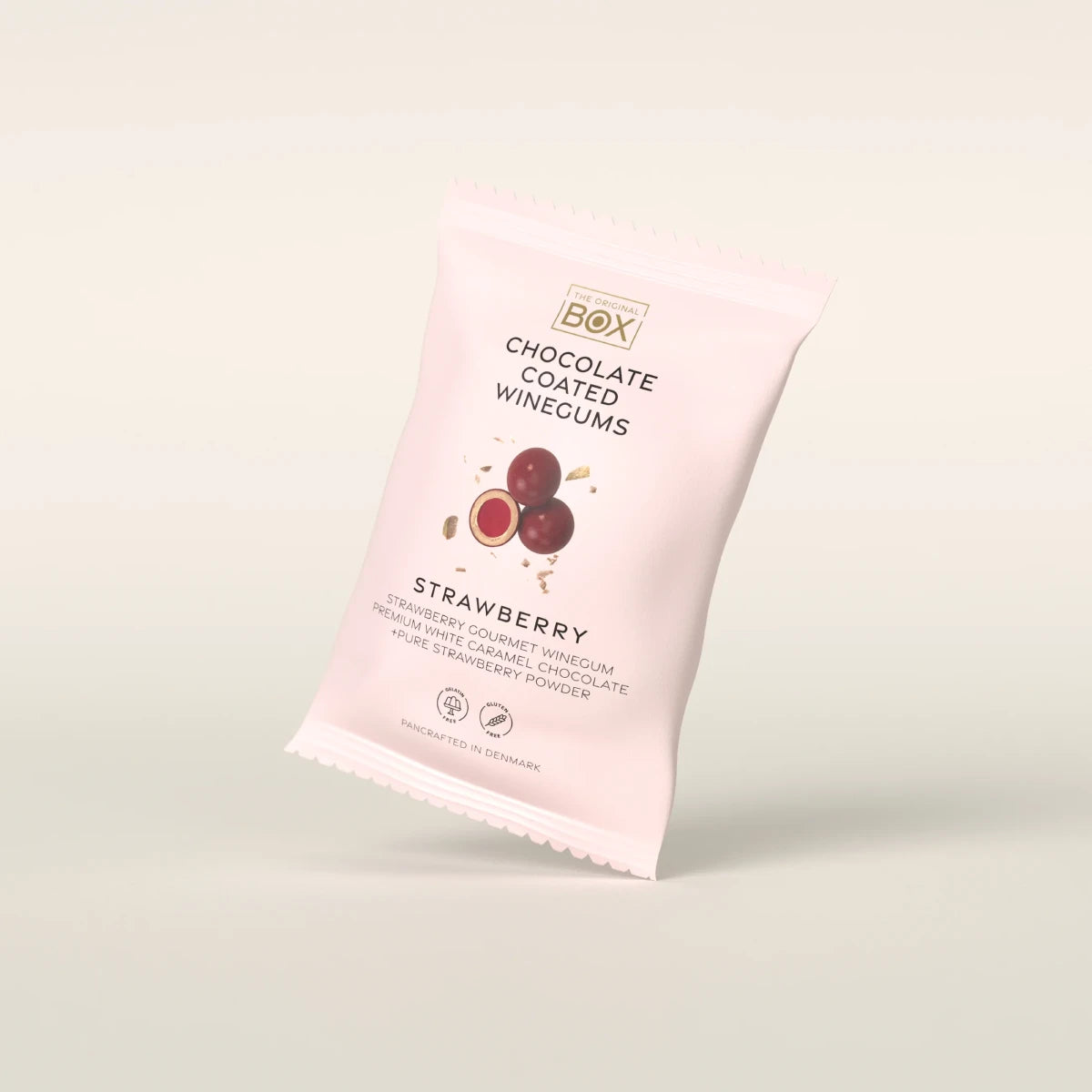 Box The Original Snack Pack Strawberry 70 g – gelatinefri jordbærvingummi i hvid karamelchokolade med jordbærpulver