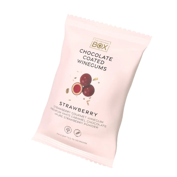 Box The Original Snack Pack Strawberry 70 g – gelatinefri jordbærvingummi i hvid karamelchokolade med jordbærpulver