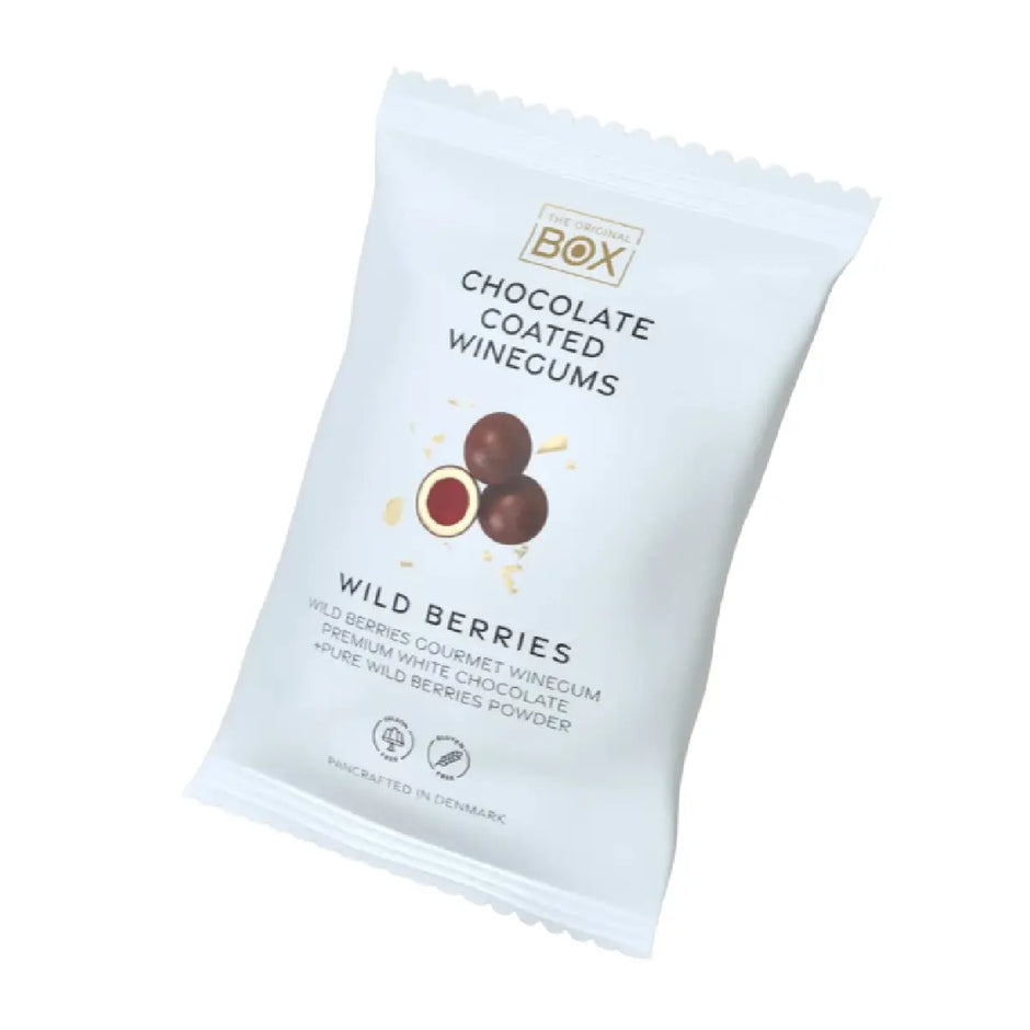Box The Original Snack Pack Wild Berries 70 g – gelatinefri skovbærvingummi i premium hvid chokolade med skovbærpulver