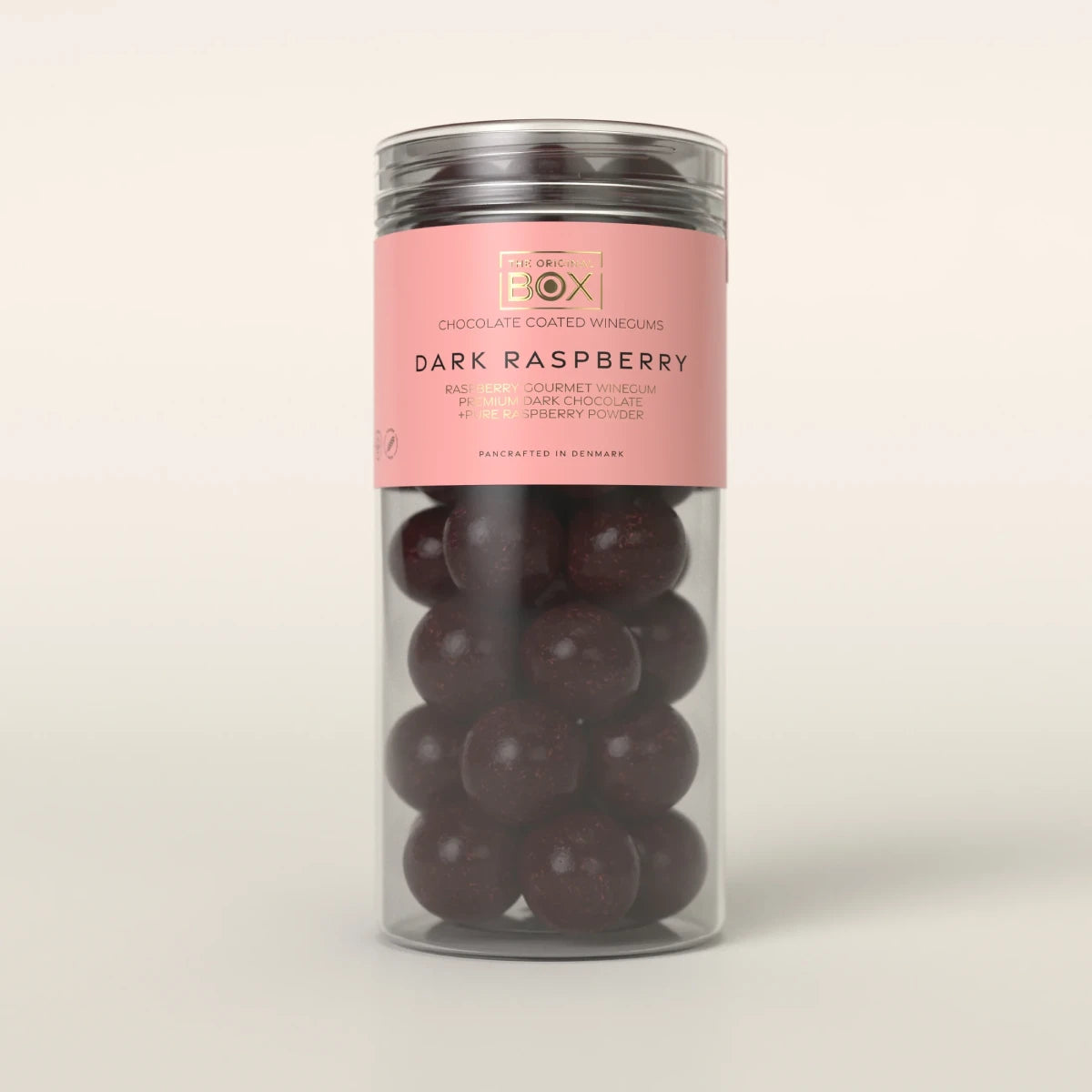 Box The Original Tube Large Dark Raspberry 250 g – gelatinefri hindbærvingummi i premium mørk chokolade med hindbærpulver