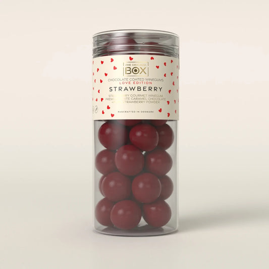 Box The Original Tube Large Love Edition Strawberry 250 g – gelatinefri jordbærvingummi i hvid karamelchokolade med jordbærpulver