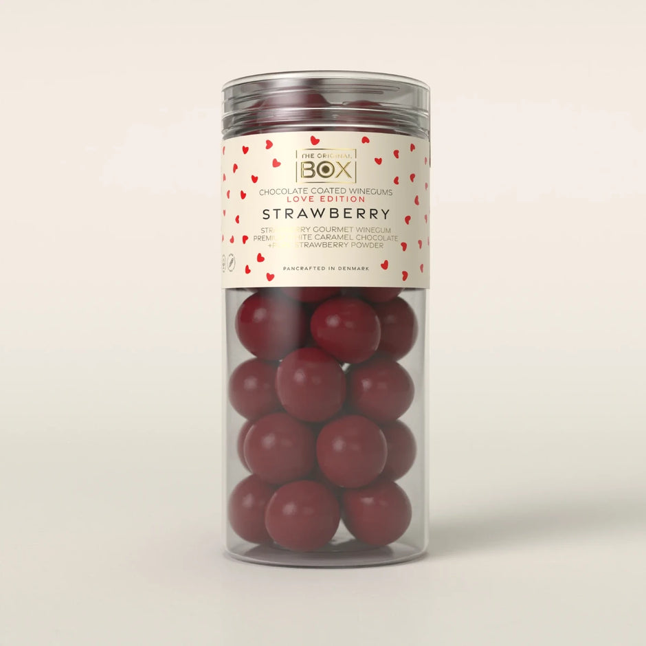 Box The Original Tube Large Love Edition Strawberry 250 g – gelatinefri jordbærvingummi i hvid karamelchokolade med jordbærpulver