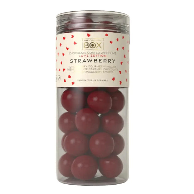Box The Original Tube Large Love Edition Strawberry 250 g – gelatinefri jordbærvingummi i hvid karamelchokolade med jordbærpulver