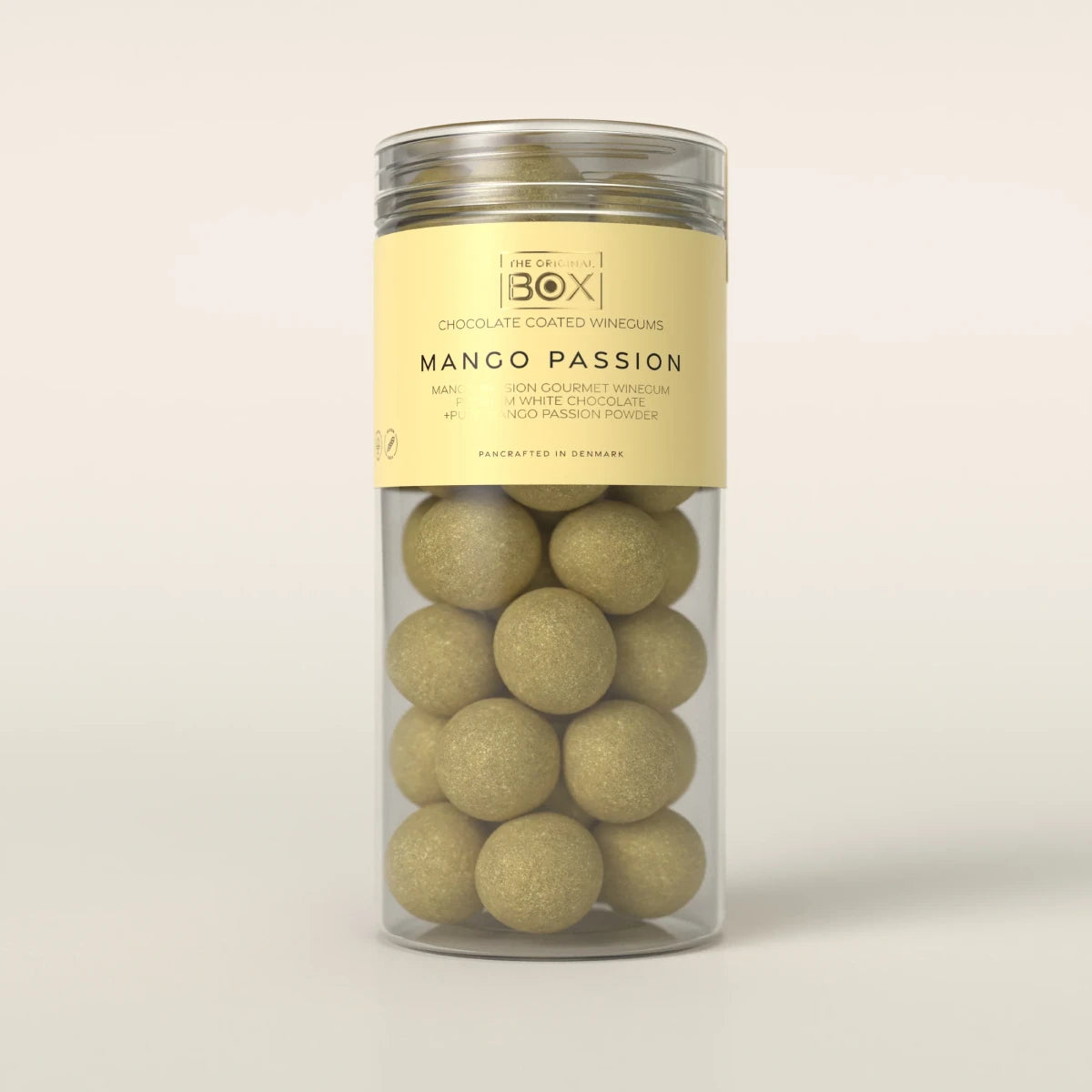 Box The Original Tube Large Mango Passion 250 g – gelatinefri vingummi i premium hvid chokolade med mango- og passionsfrugtpulver