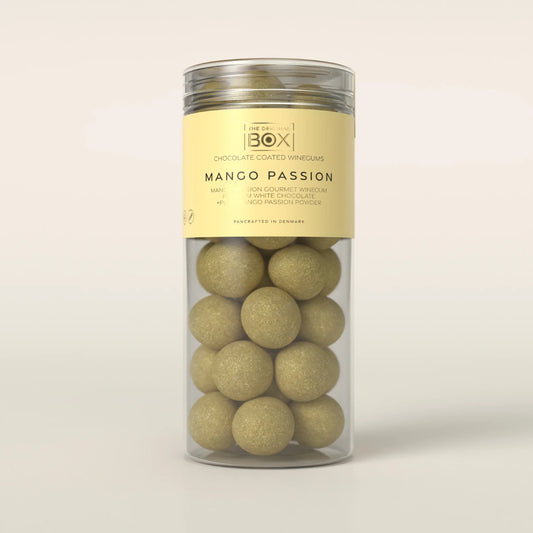 Box The Original Tube Large Mango Passion 250 g – gelatinefri vingummi i premium hvid chokolade med mango- og passionsfrugtpulver