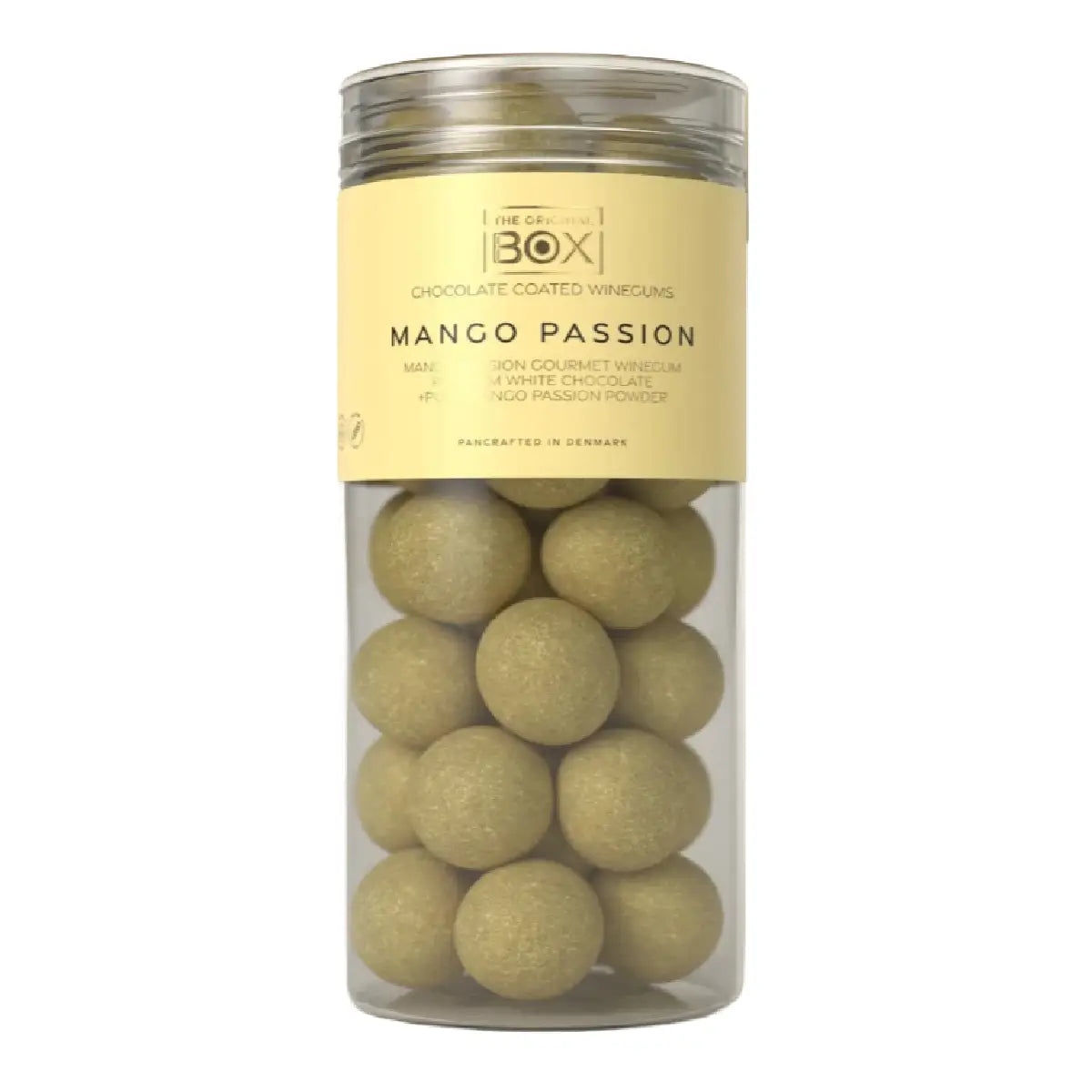 Box The Original Tube Large Mango Passion 250 g – gelatinefri vingummi i premium hvid chokolade med mango- og passionsfrugtpulver