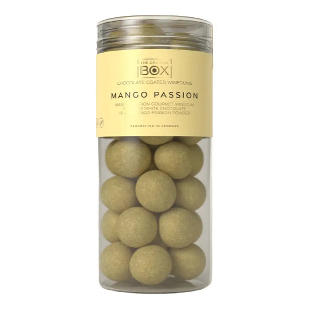 Box The Original Tube Large Mango Passion 250 g – gelatinefri vingummi i premium hvid chokolade med mango- og passionsfrugtpulver