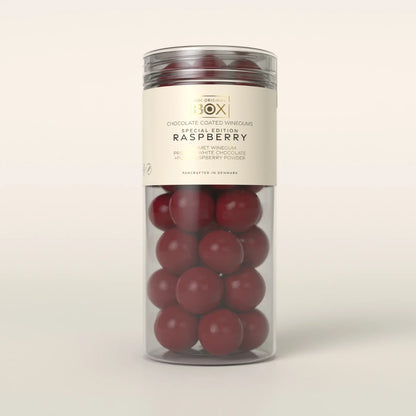 Box The Original Tube Large Raspberry 250 g – gelatinefri hindbærvingummi i premium hvid chokolade med hindbærpulver