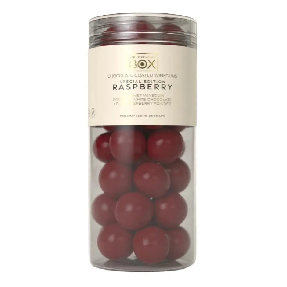 Box The Original Tube Large Raspberry 250 g – gelatinefri hindbærvingummi i premium hvid chokolade med hindbærpulver
