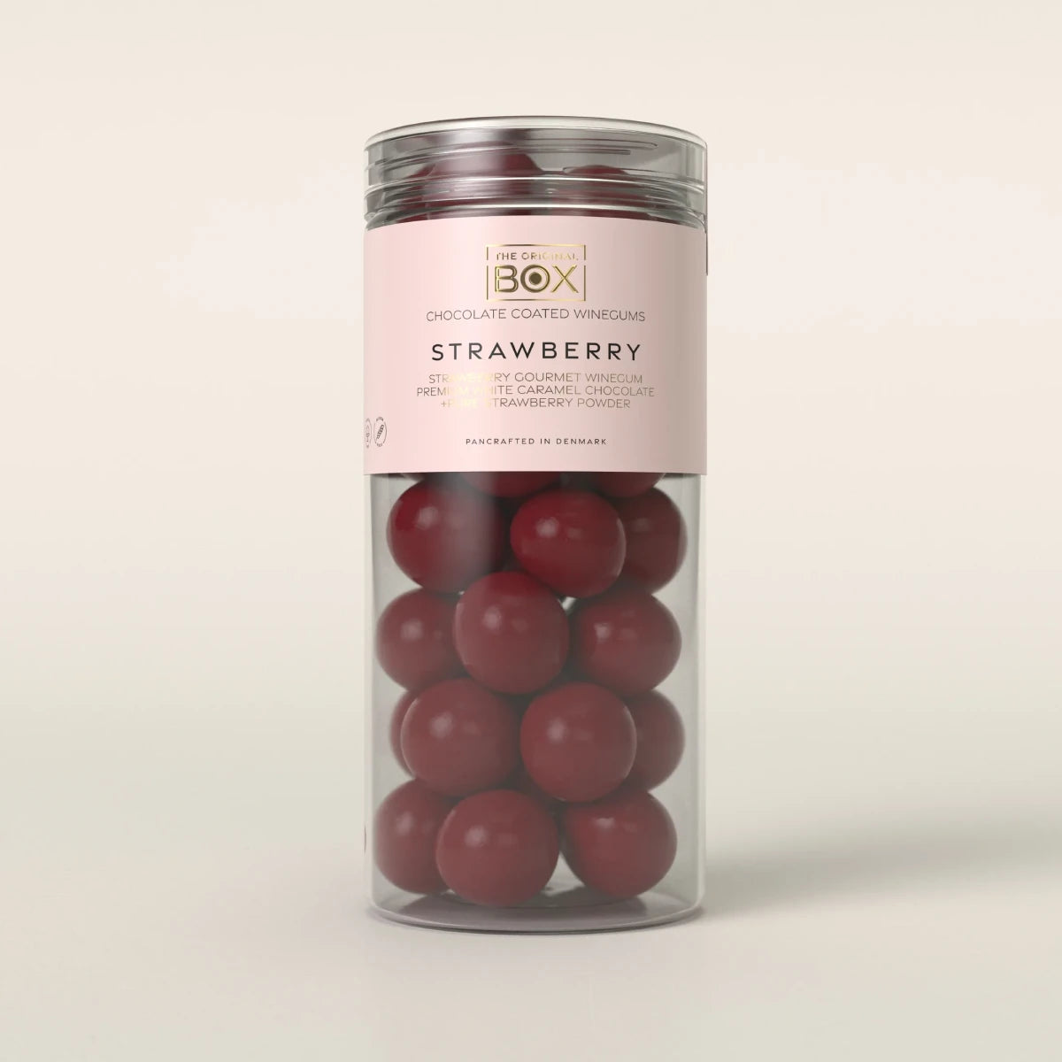 Box The Original Tube Large Strawberry 250 g – gelatinefri jordbærvingummi i hvid karamelchokolade med jordbærpulver