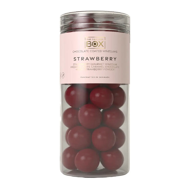 Box The Original Tube Large Strawberry 250 g – gelatinefri jordbærvingummi i hvid karamelchokolade med jordbærpulver