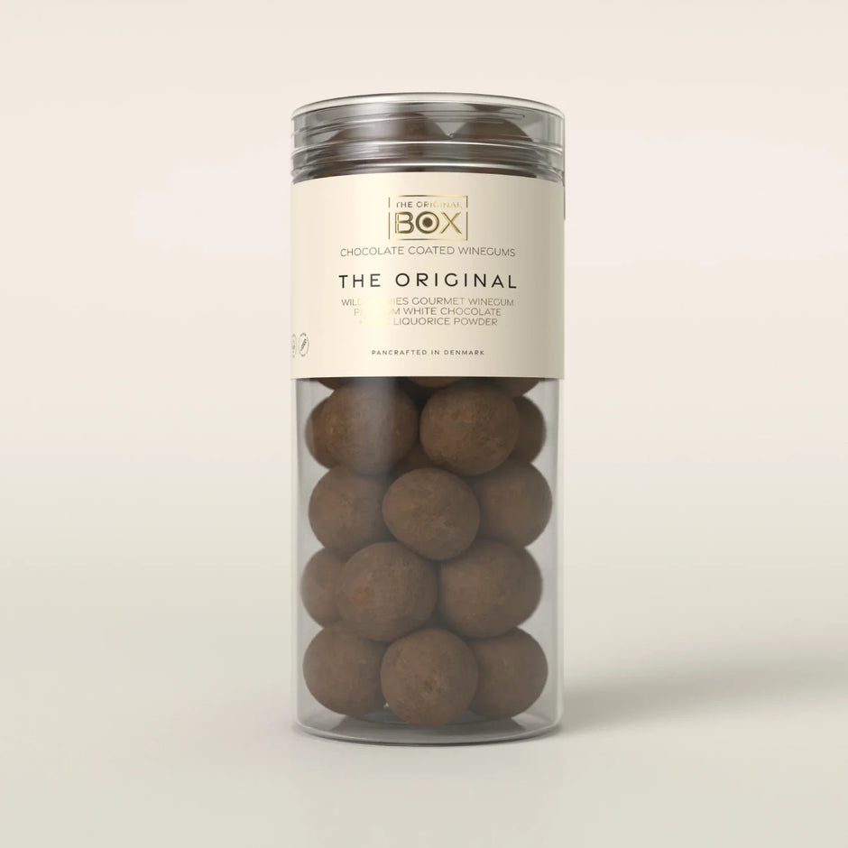 Box The Original Tube Large The Original 250 g – gelatinefri skovbærvingummi i premium hvid chokolade med lakridspulver