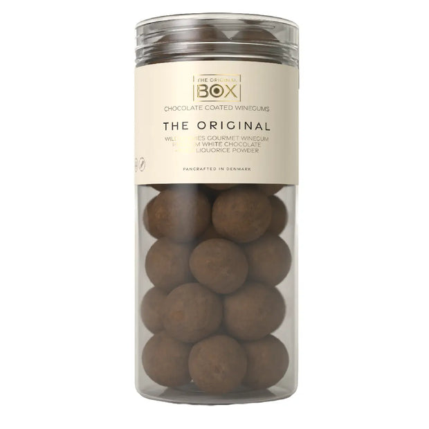 Box The Original Tube Large The Original 250 g – gelatinefri skovbærvingummi i premium hvid chokolade med lakridspulver