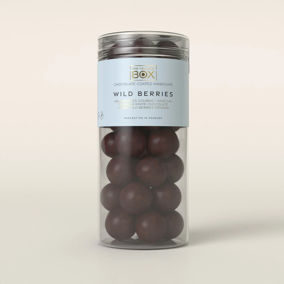 Box The Original Tube Large Wild Berries 250 g – gelatinefri skovbærvingummi i premium hvid chokolade med skovbærpulver