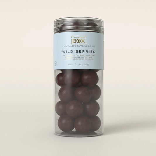 Box The Original Tube Large Wild Berries 250 g – gelatinefri skovbærvingummi i premium hvid chokolade med skovbærpulver