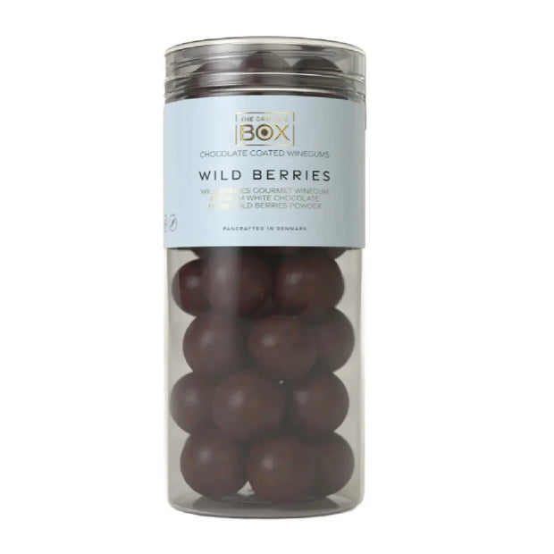 Box The Original Tube Large Wild Berries 250 g – gelatinefri skovbærvingummi i premium hvid chokolade med skovbærpulver
