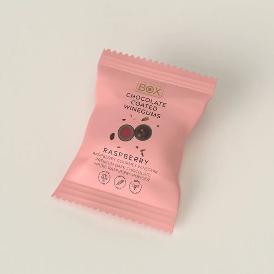 Box The Original Two Pack Dark Raspberry 13 g – gelatinefri hindbærvingummi i premium mørk chokolade med hindbærpulver