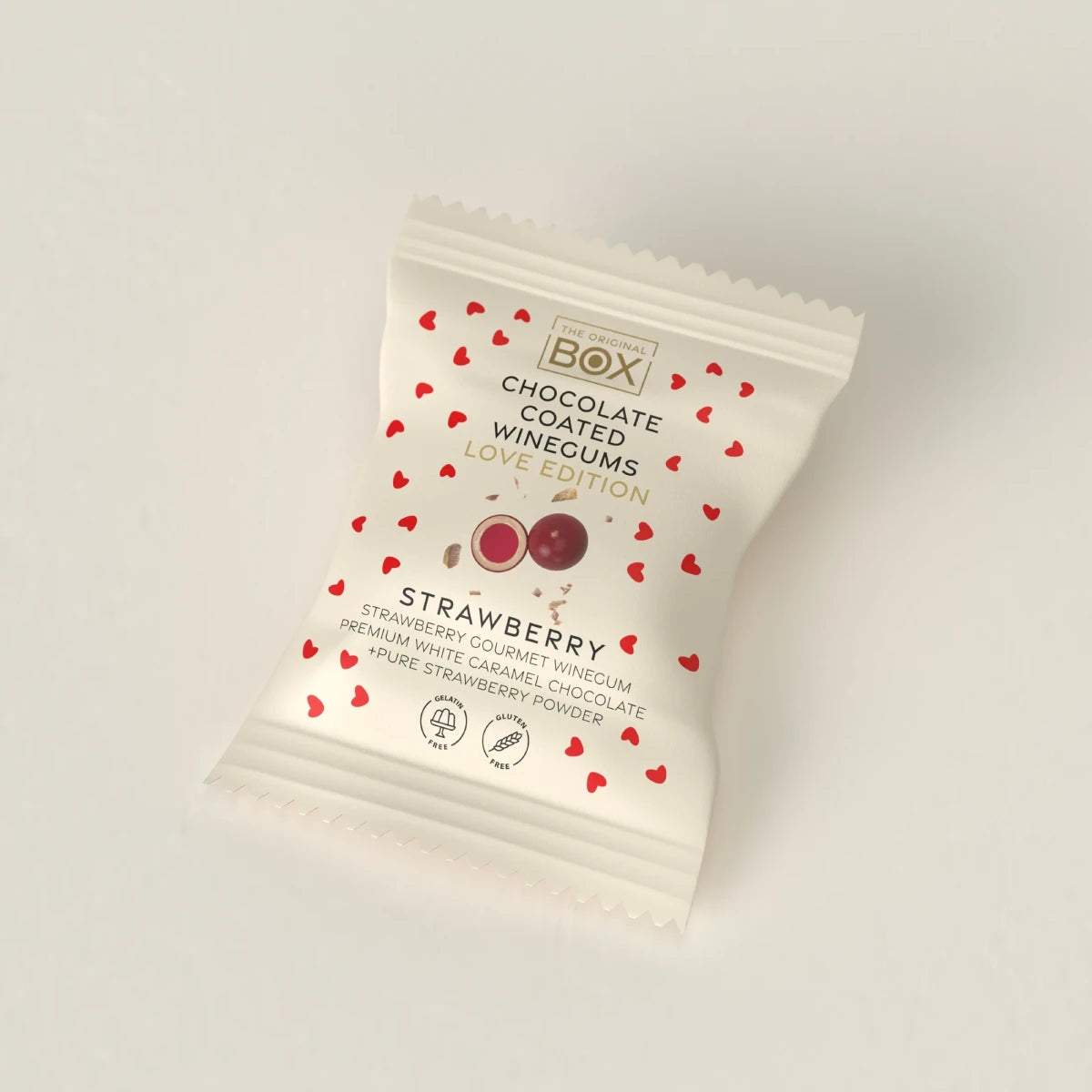 Box The Original Two Pack Love Edition Strawberry 13 g – gelatinefri vingummi i hvid karamelchokolade med jordbærpulver