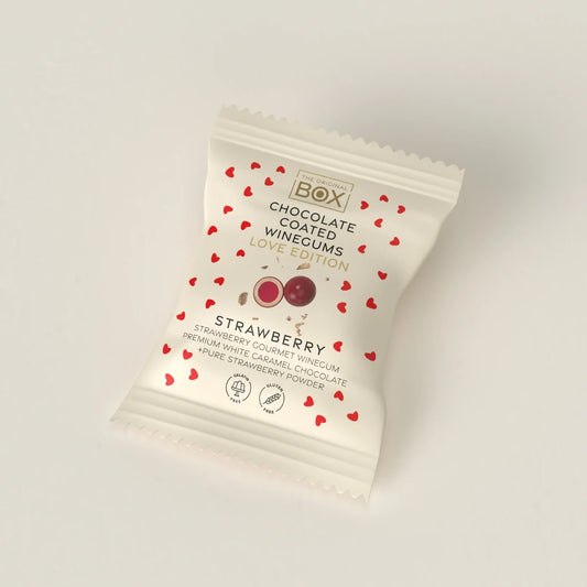 Box The Original Two Pack Love Edition Strawberry 13 g – gelatinefri vingummi i hvid karamelchokolade med jordbærpulver