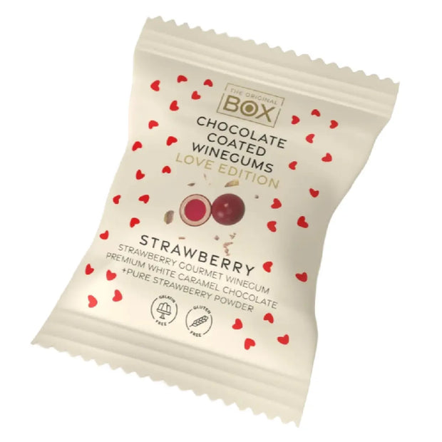 Box The Original Two Pack Love Edition Strawberry 13 g – gelatinefri vingummi i hvid karamelchokolade med jordbærpulver