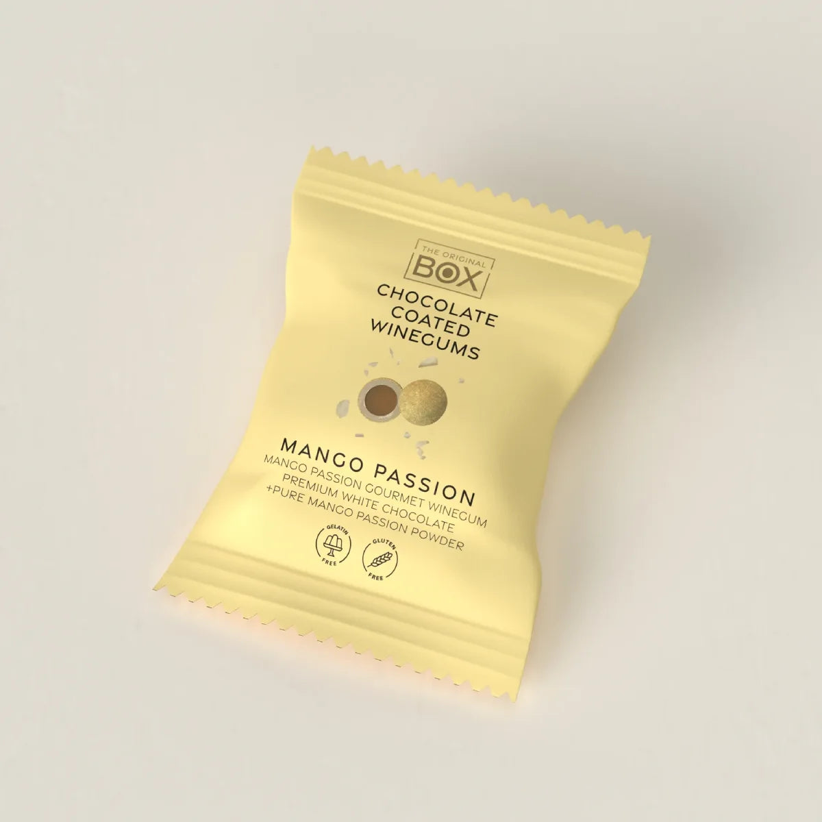 Box The Original Two Pack Mango Passion 13 g – gelatinefri vingummi i hvid chokolade med mango- og passionsfrugtpulver