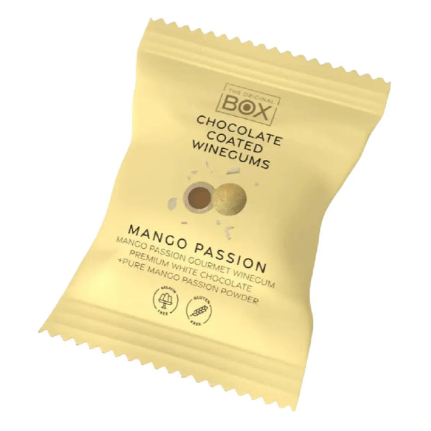 Box The Original Two Pack Mango Passion 13 g – gelatinefri vingummi i hvid chokolade med mango- og passionsfrugtpulver