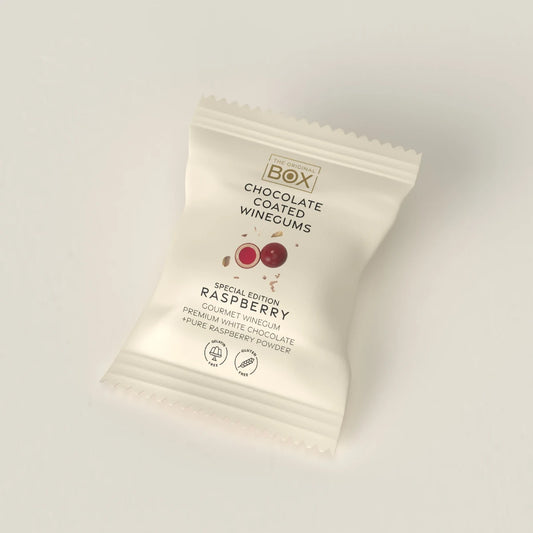 Box The Original Two Pack Raspberry 13 g – gelatinefri hindbærvingummi i premium hvid chokolade med hindbærpulver