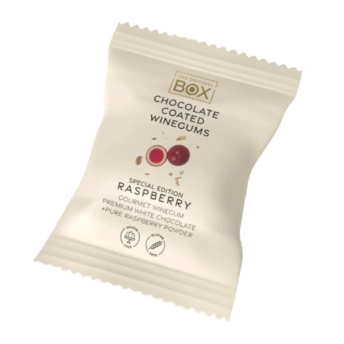 Box The Original Two Pack Raspberry 13 g – gelatinefri hindbærvingummi i premium hvid chokolade med hindbærpulver