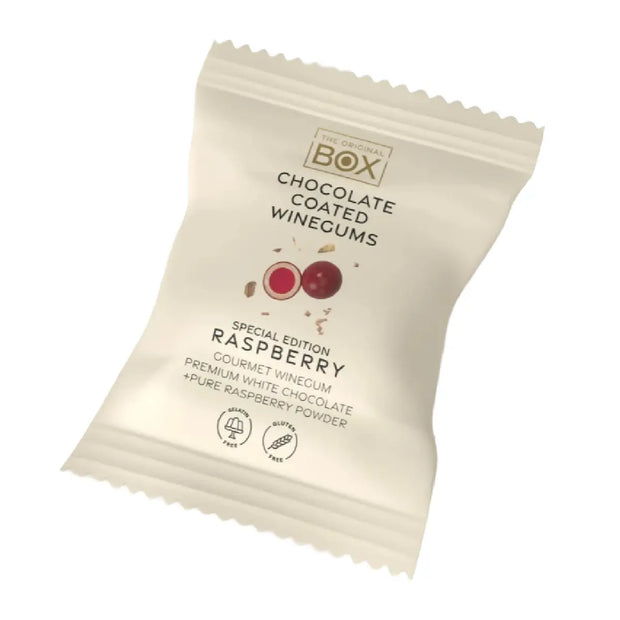 Box The Original Two Pack Raspberry 13 g – gelatinefri hindbærvingummi i premium hvid chokolade med hindbærpulver
