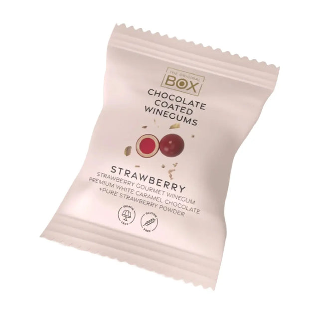 Box The Original Two Pack Strawberry 13 g – gelatinefri jordbærvingummi i hvid karamelchokolade med frugtpulver