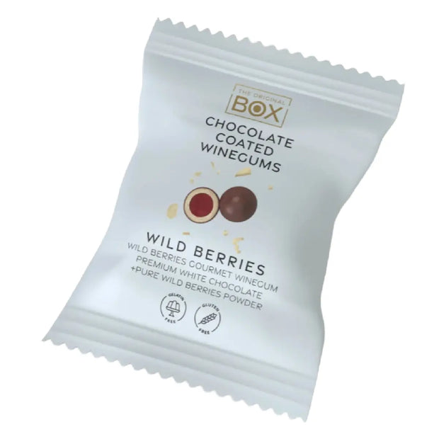 Box The Original Wild Berries 13 g med gelatinefri skovbær-vingummi, premium hvid chokolade og naturligt skovbærpulver