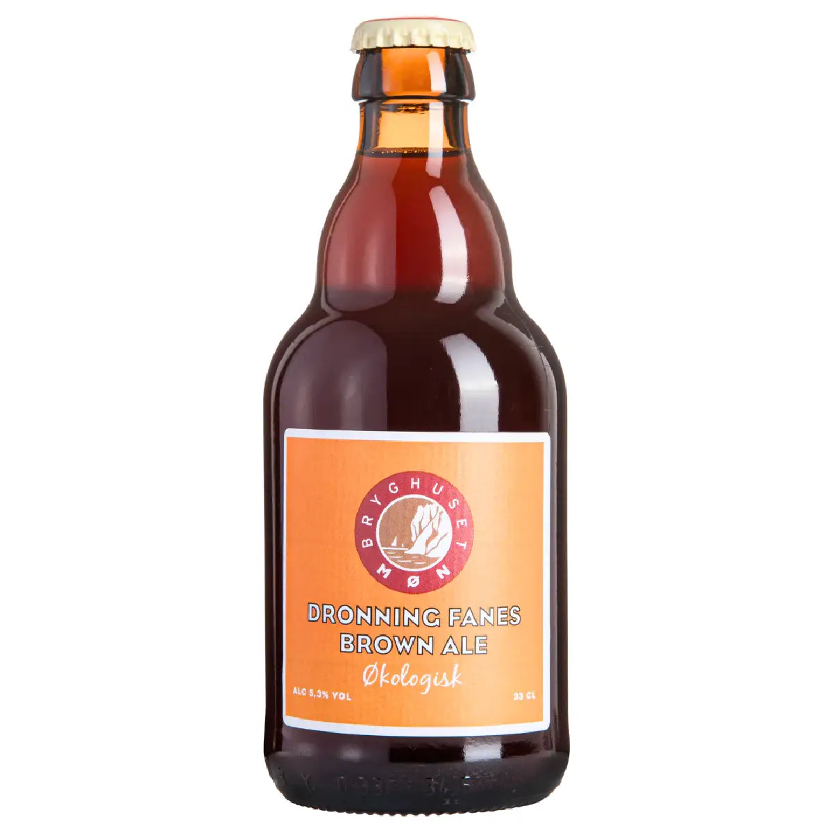 Bryghuset Møn Dronning Fanes Brown Ale 33 cl – økologisk brown ale 5,3% vol. brygget med vand, BYGMALT, HVEDEMALT, humle og gær, rund maltfylde og balanceret smag