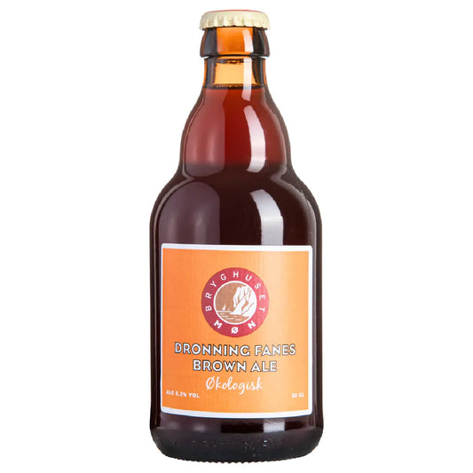 Bryghuset Møn Dronning Fanes Brown Ale 33 cl – økologisk brown ale 5,3% vol. brygget med vand, BYGMALT, HVEDEMALT, humle og gær, rund maltfylde og balanceret smag