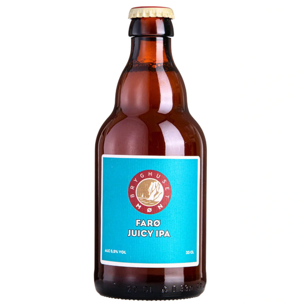 Flaske Bryghuset Møn Farø Juicy IPA 33 cl – saftig hazy juicy IPA (5,5% vol.) med tropiske frugtaromaer, citrus og frisk humle, fyldig og uigennemsigtig i glasset med frugtig sødme og blød bitterhed samt rund, aromatisk eftersmag; overgæret, ufiltreret og upasteuriseret dansk specialøl fra Møn til asiatisk mad og lette retter