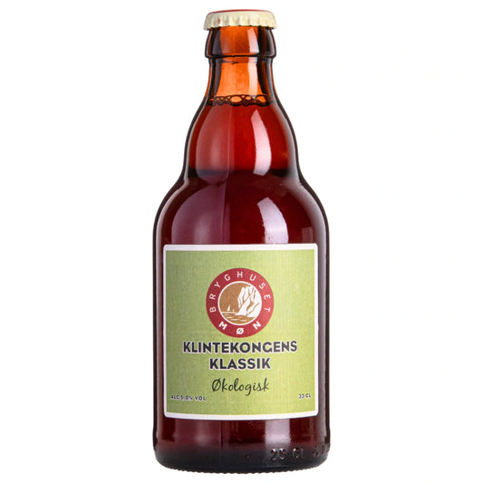 Flaske Bryghuset Møn Klintekongens Klassik 33 cl – økologisk undergæret lagerøl (klassik) 5,0 % vol., ufiltreret og upasteuriseret dansk specialøl fra Møn med smagsnoter af karamel, citrus/citron og brødagtigt maltpræg samt rund, blød afslutning; passer til smørrebrød, frokost og stegeretter