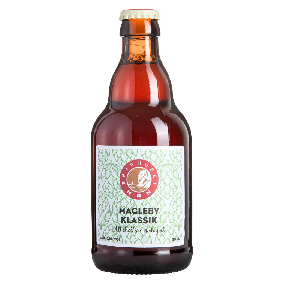Bryghuset Møn Magleby Klassik alkoholfri øl 33 cl – økologisk klassik med rødligt skær, noter af brød og karamel, mild bitterhed, under 0,5% vol.